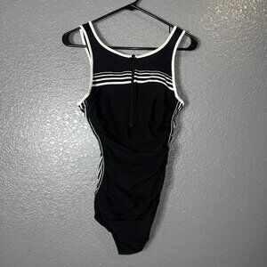 Black White Zip Front One Piece Swimsuit Athletic Stripe Women’s